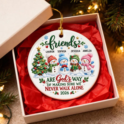 Personalized Ceramic Ornament, Snowman Friends by a Christmas Tree, Unique Gift for Best Friend