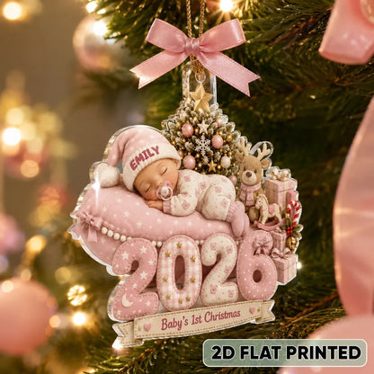 Personalized Acrylic Ornament, Sleeping Baby by a Christmas Tree, Unique First Christmas Gift for New Parents