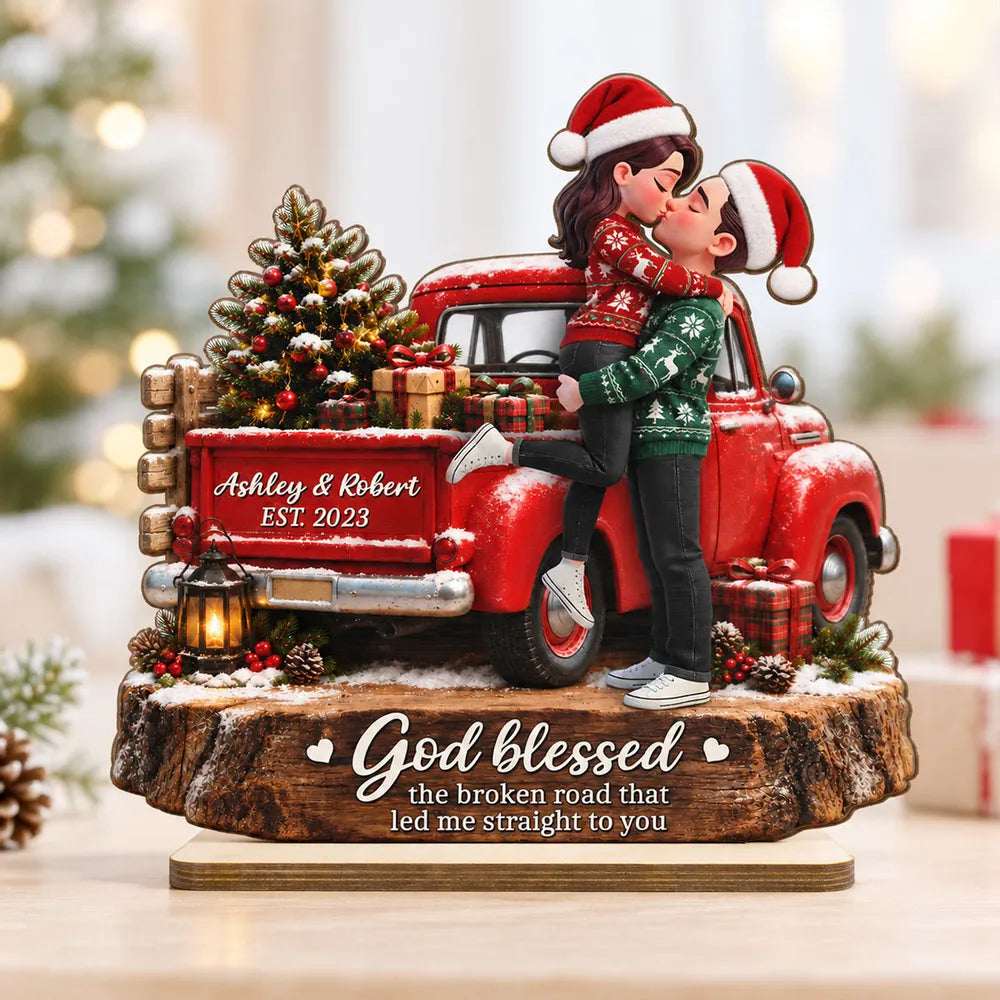 Personalized 2-Layer Wooden Plaque, Kissing Couple by a Red Truck, Unique Christmas Gift for Couples