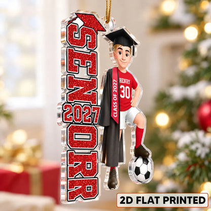 Personalized Soccer Acrylic Ornament, Graduate Posing with Ball by a Lit Tree, Unique Gift for Son or Daughter
