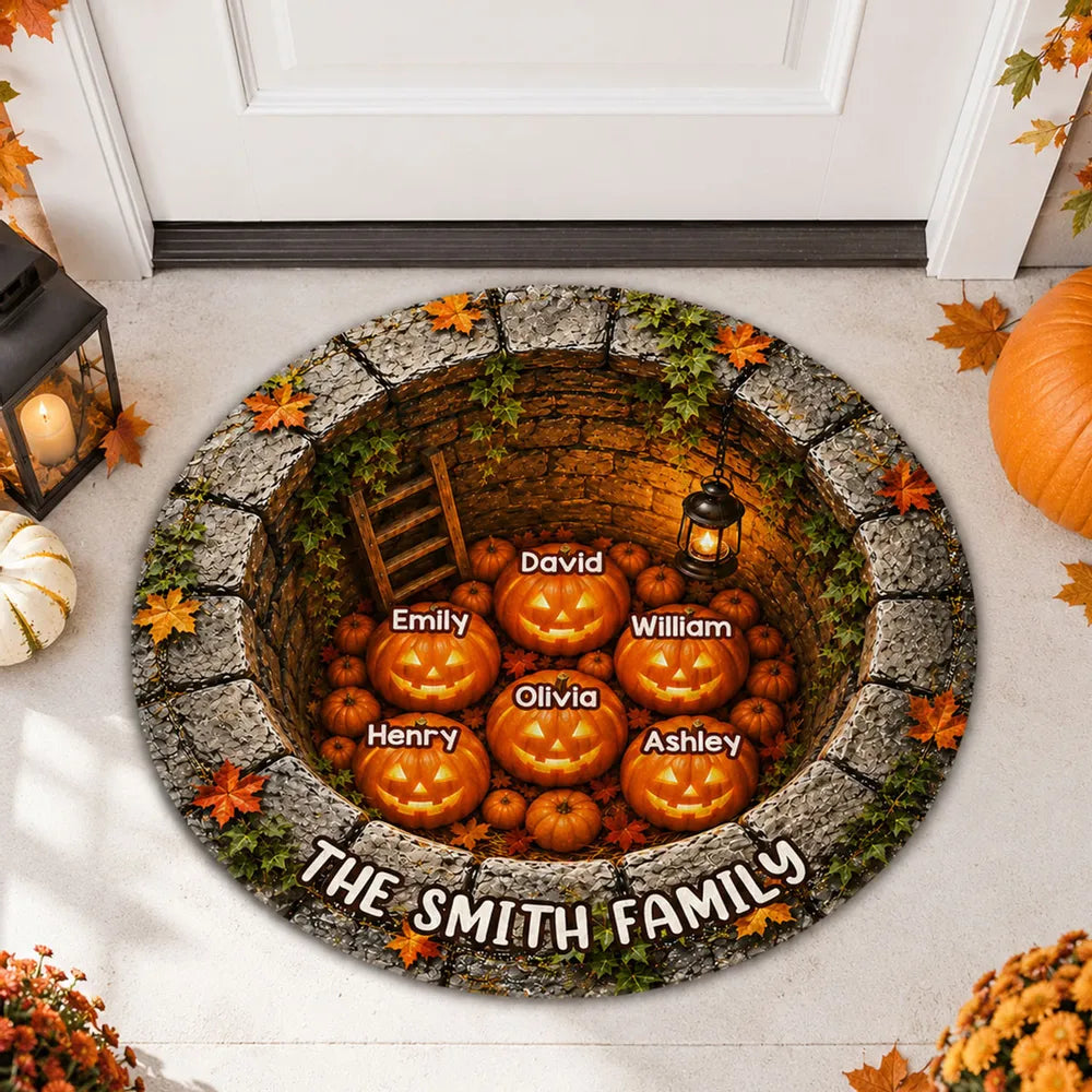 Personalized Shaped Doormat with Glowing Pumpkin Family, Gothic Halloween Decor, Unique Gift for Families