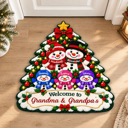 Personalized Shaped Doormat, Colorful Snowman Grandparents and Grandkids by a Christmas Tree, Unique Family Gift