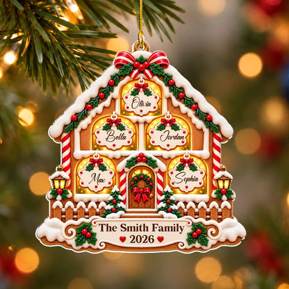 Personalized Acrylic Ornament, Gingerbread Family House on a Lit Christmas Tree, Unique Gift for Families