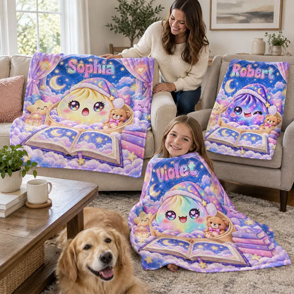 Personalized Dumpling Fleece Blanket, Pastel Moonlit Storybook Scene, Unique Gift for Kids