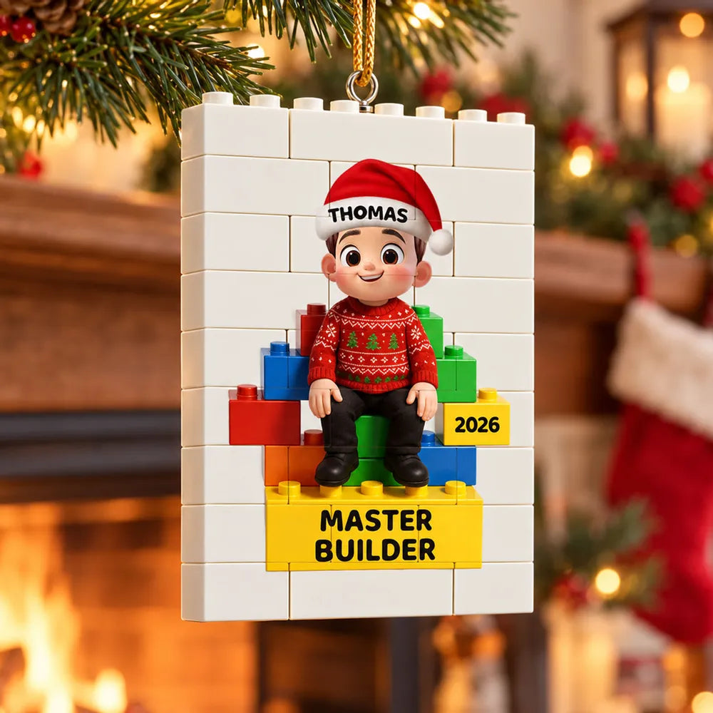 Personalized Building Block Ornament, Sitting Child Master Builder Design, Unique Christmas Gift for Kids