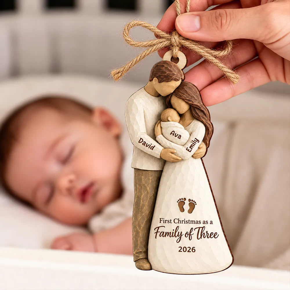 Personalized Wooden Ornament, Parents Cradling Baby, Unique Christmas Tree Gift for New Parents