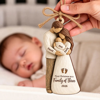 Personalized Wooden Ornament, Parents Cradling Baby, Unique Christmas Tree Gift for New Parents