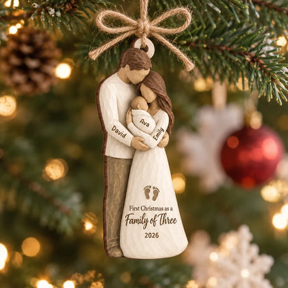 Personalized Wooden Ornament, Parents Cradling Baby, Unique Christmas Tree Gift for New Parents