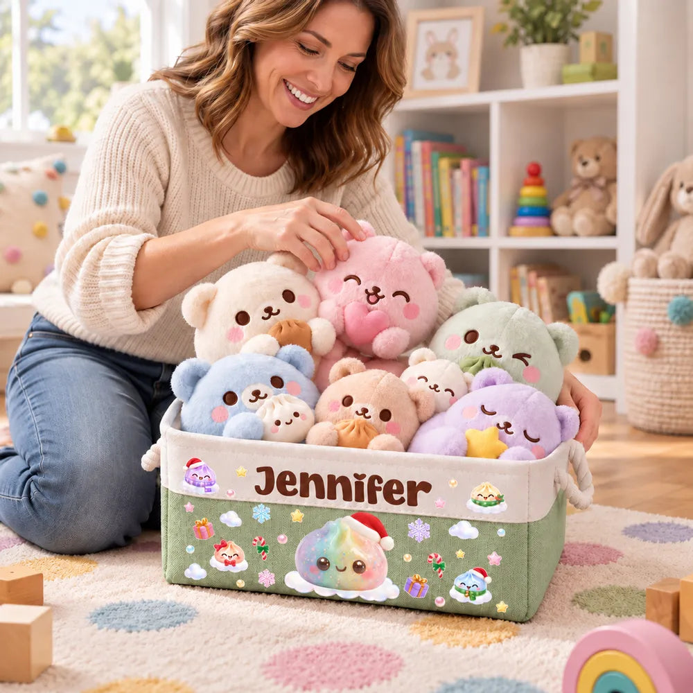 Personalized Rope Basket with Pastel Christmas Dumplings, Unique Toy Storage Gift for Kids
