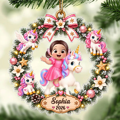Personalized Acrylic Ornament, Cartoon Child Riding a Unicorn in a Christmas Wreath, Unique Gift for Kids