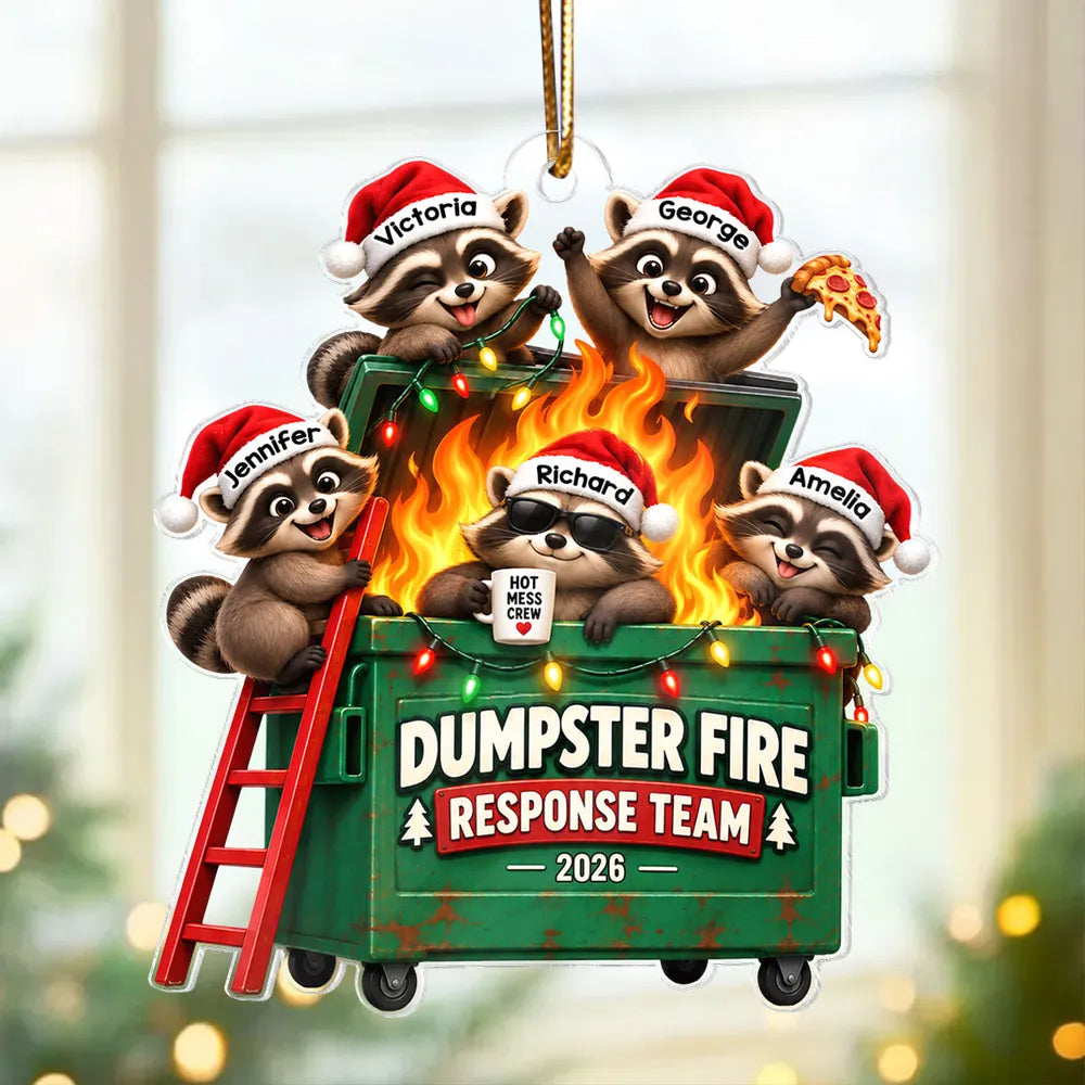 Personalized Acrylic Ornament, Raccoons Tackling a Dumpster Fire, Unique Funny Christmas Gift for Coworkers