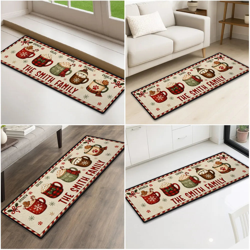 Personalized Standard Doormat with Red and Green Family Mugs, Unique Gift for Families and Pet Owners