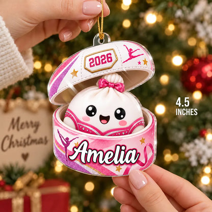 Personalized Acrylic Ornament, Cute Gymnastics Dumpling in Pink Case, Unique Christmas Gift for Gymnast