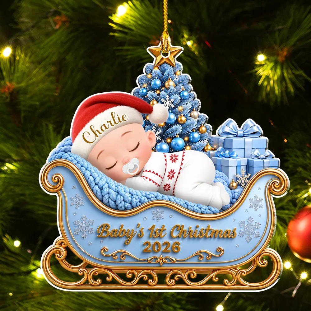 Personalized Baby's First Christmas Ornament, Sleeping Baby in Blue Sleigh, Unique Gift for New Parents