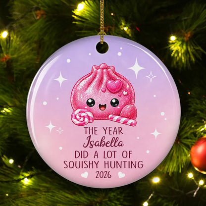 Personalized Ceramic Ornament, Cute Pink Squishy Hunting Design, Unique Christmas Gift for Squishy Fans