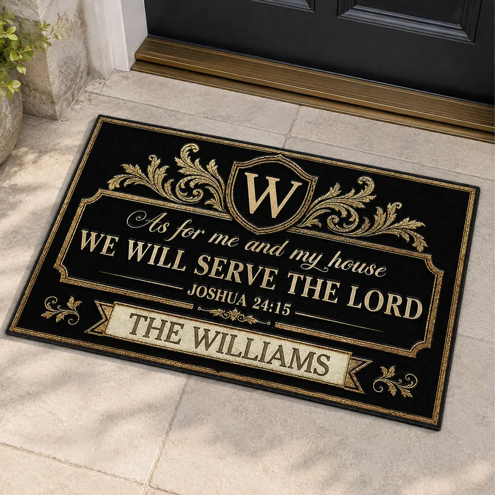 Personalized Standard Doormat, We Will Serve the Lord Verse, Creative Faith Gift for Family and Housewarming