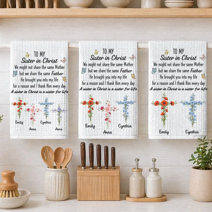 Personalized Sister in Christ Kitchen Towel, Pastel Floral Crosses & Butterflies, Unique Faith Gift for Sister
