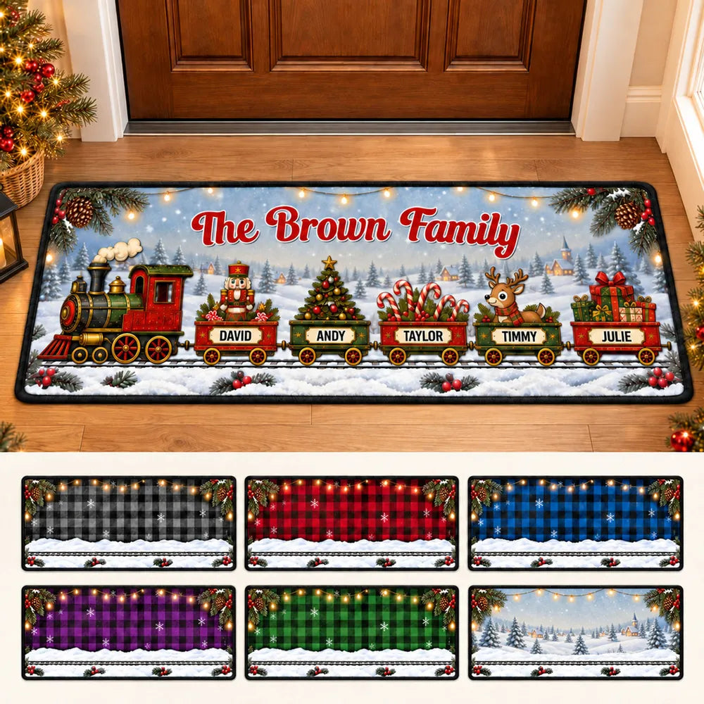 Personalized Premium Doormat with Family Holiday Train and Snowy Village, Unique Christmas Gift for Family