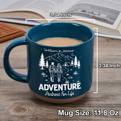 Adventure Partners for Life Personalized Pottery Mug, Hand-Holding Hikers, Creative Gift for Couples