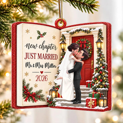 Personalized Acrylic Ornament, Kissing Newlyweds at a Snowy Door, Unique Christmas Gift for a Couple