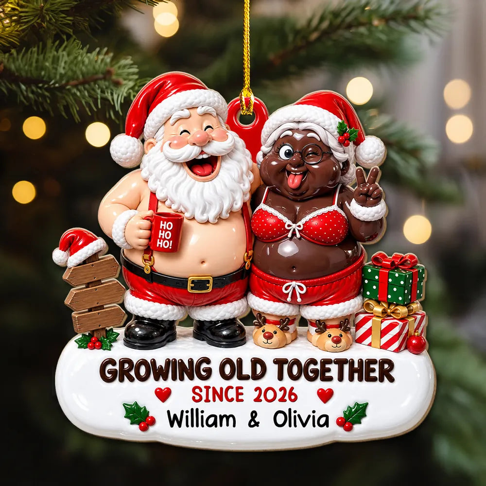 Personalized Acrylic Ornament, Laughing Older Couple in Santa Outfits by a Christmas Tree, Unique Gift for Couples