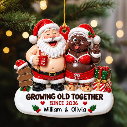 Personalized Acrylic Ornament, Laughing Older Couple in Santa Outfits by a Christmas Tree, Unique Gift for Couples