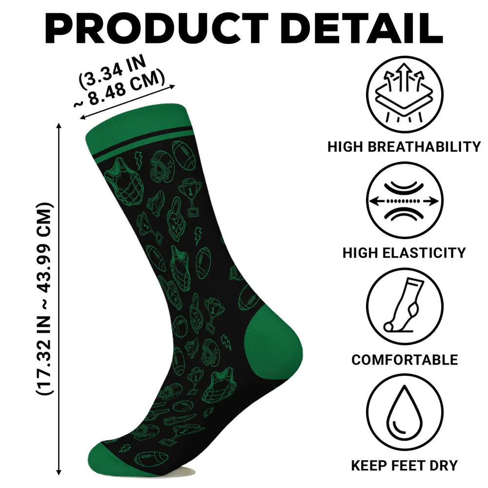 Personalized Crew Socks, Green Football Design for Lounging on Game Day, Unique Gift for Dad