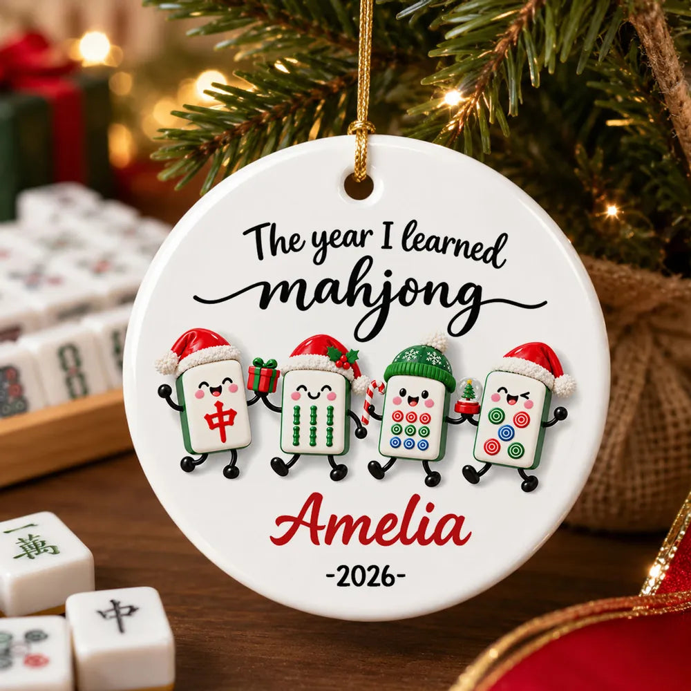 Personalized Ceramic Ornament, Bright Cartoon Mahjong Tiles Waving by a Christmas Tree, Unique Gift for Players