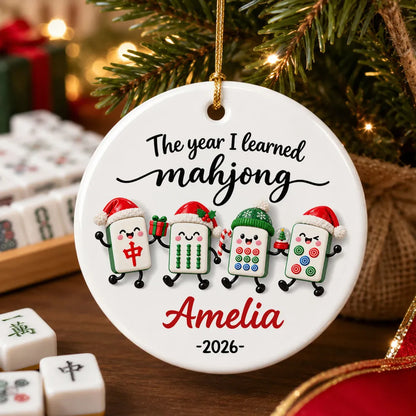 Personalized Ceramic Ornament, Bright Cartoon Mahjong Tiles Waving by a Christmas Tree, Unique Gift for Players
