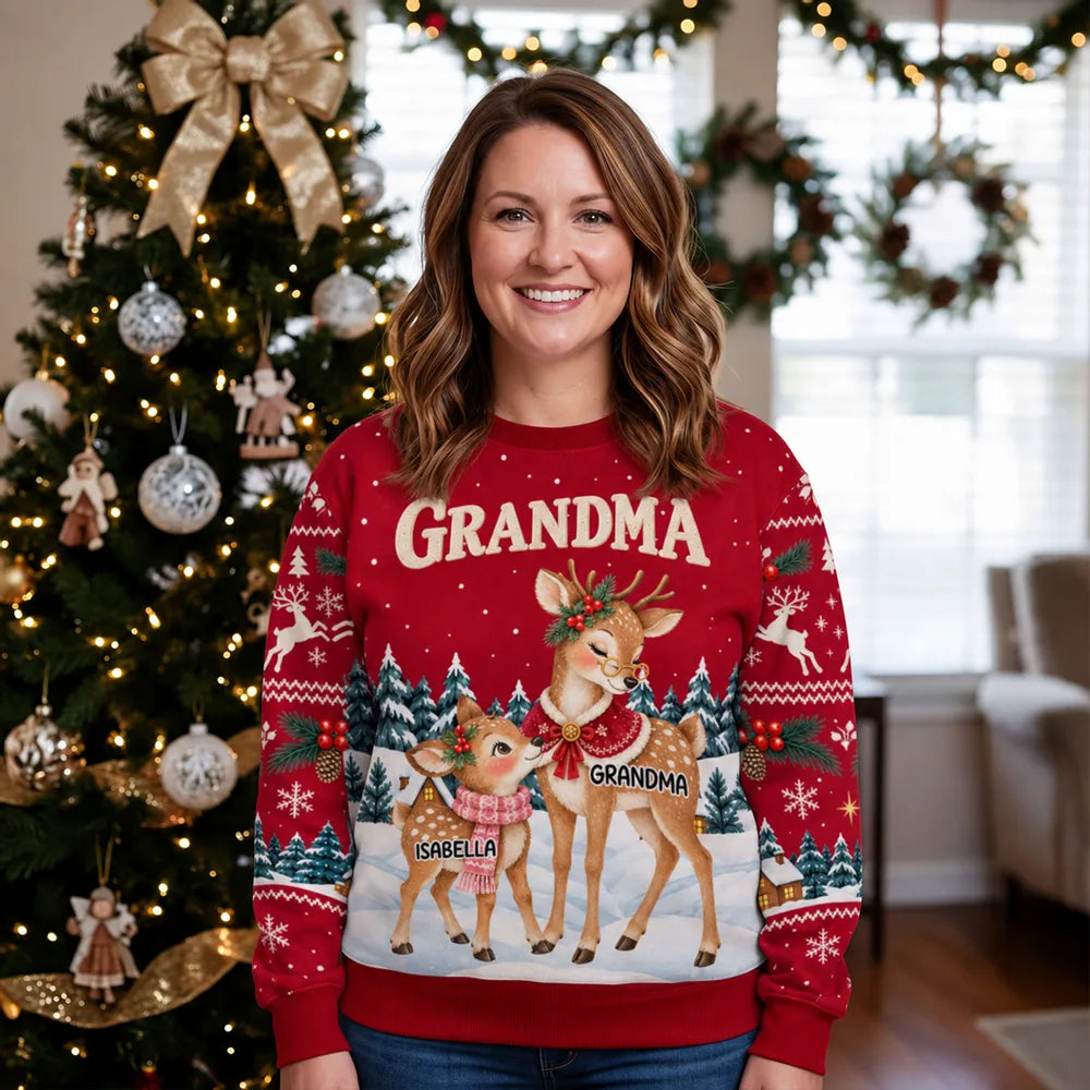 Personalized Printed Sweatshirt, Grandma Reindeer with Fawns in a Snowy Forest, Unique Christmas Gift for Grandma