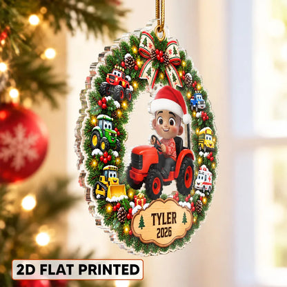 Personalized Acrylic Ornament With Boy on Excavator and Colorful Christmas Wreath, Unique Gift for Grandson