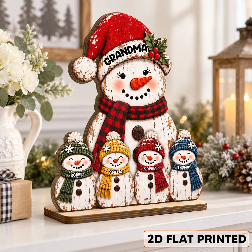 Personalized Wooden Plaque with Grandma and Grandkids Snowmen, Rustic Red Christmas Decor, Unique Gift for Grandma