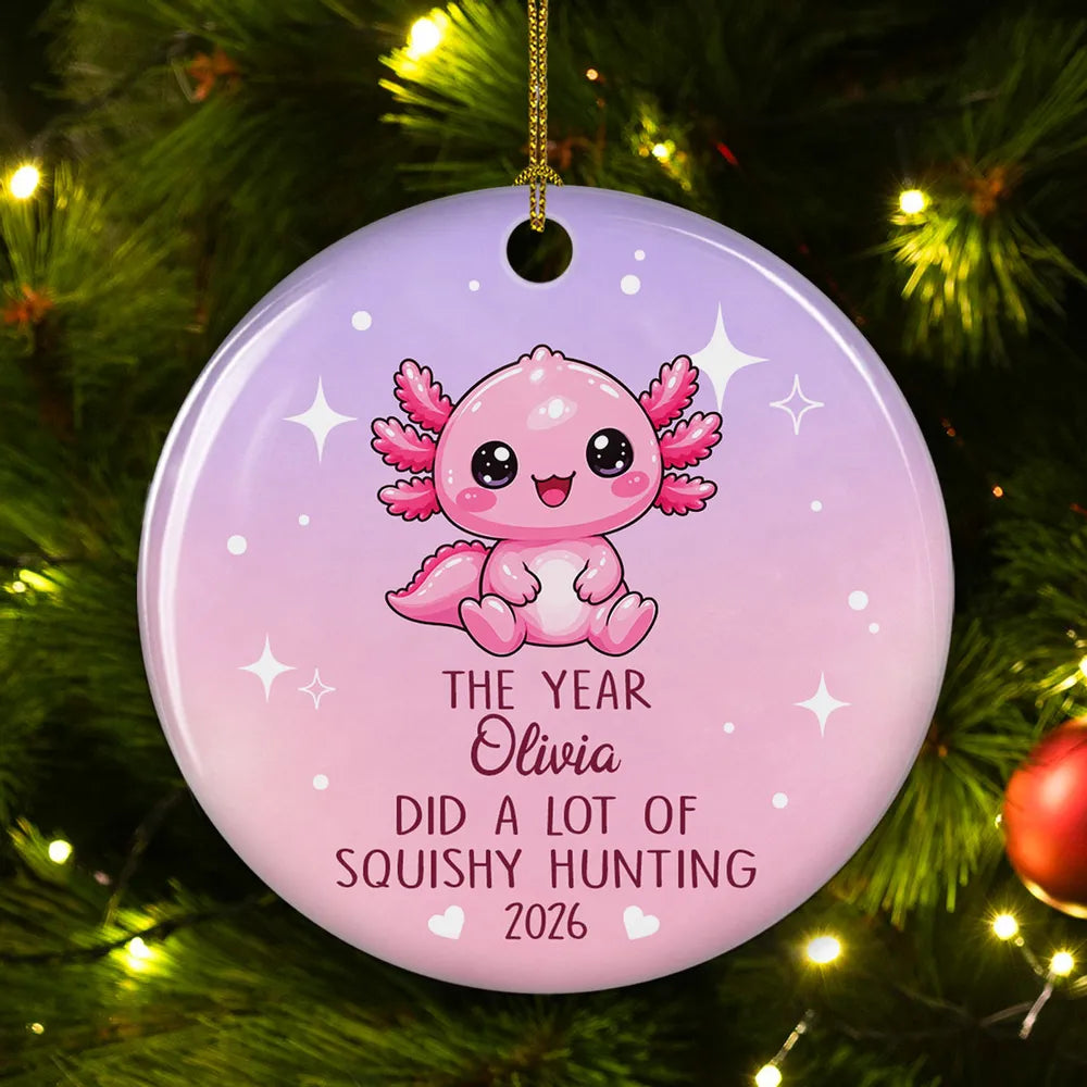 Personalized Ceramic Ornament, Cute Pink Squishy Hunting Design, Unique Christmas Gift for Squishy Fans