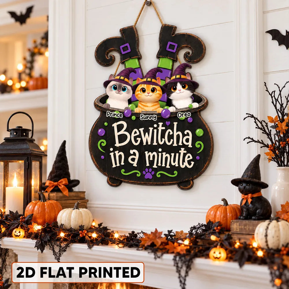 Bewitcha in a Minute Personalized Wooden Sign, Playful Witch Cats, Creative Halloween Gift for Cat Lovers