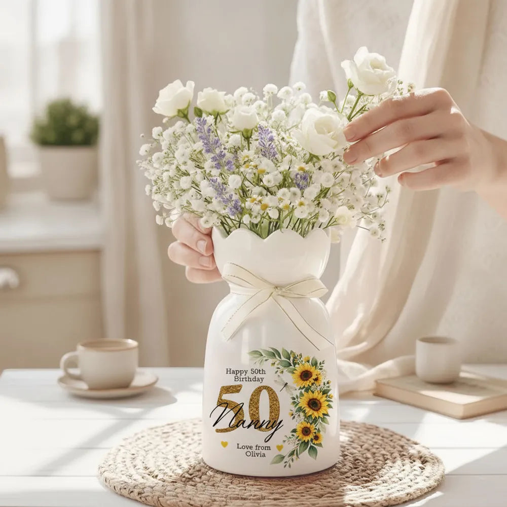 Happy Birthday Personalized Scalloped Rim Ceramic Vase, Heartfelt Creative Gift with Sunflower Art