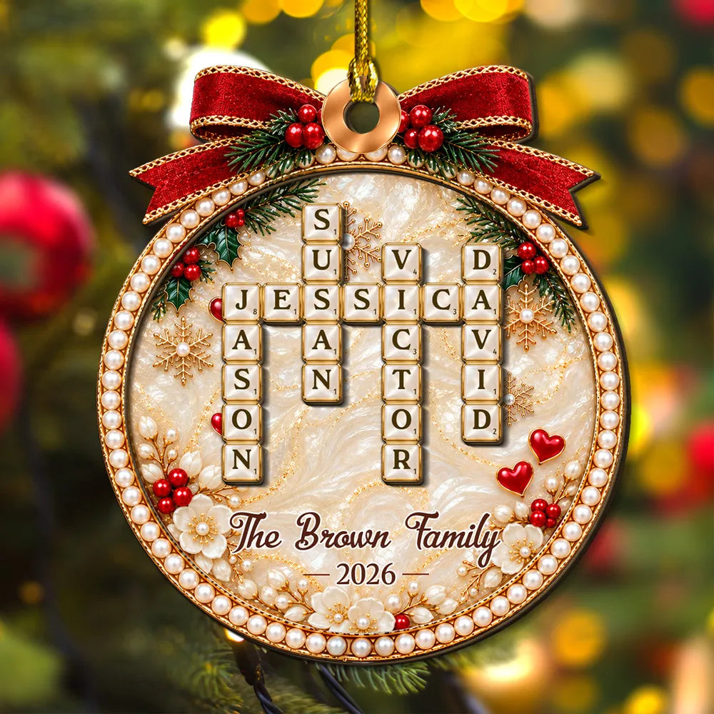 2-Layer Wooden Ornament, Personalized Family Word Search in Red & Gold, Unique Christmas Gift