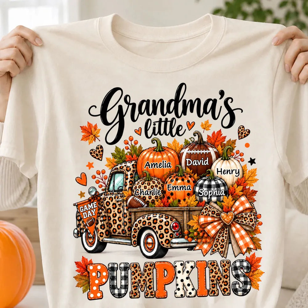 Personalized Classic Tee, Grandma's Little Pumpkins Fall Football Design, Unique Game Day Gift for Grandma