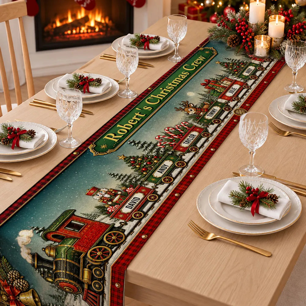 Personalized Christmas Train Table Runner, Vintage Red & Green Snowy Scene, Unique Gift for Grandma