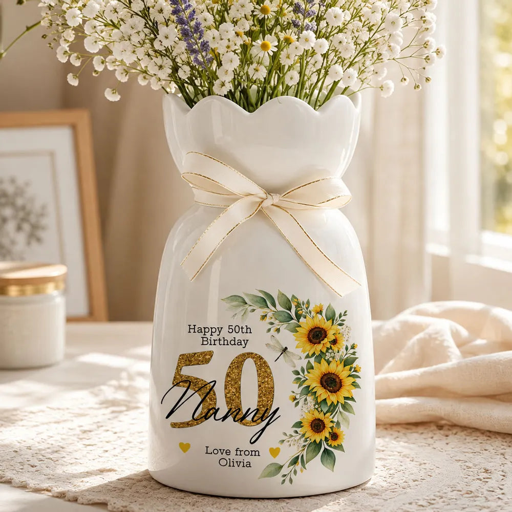 Happy Birthday Personalized Scalloped Rim Ceramic Vase, Heartfelt Creative Gift with Sunflower Art