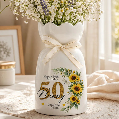 Happy Birthday Personalized Scalloped Rim Ceramic Vase, Heartfelt Creative Gift with Sunflower Art