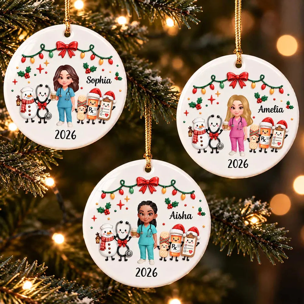 Personalized Ceramic Ornament with Nurse Holding Coffee and Medical Icons, Unique Creative Gift for Nurses