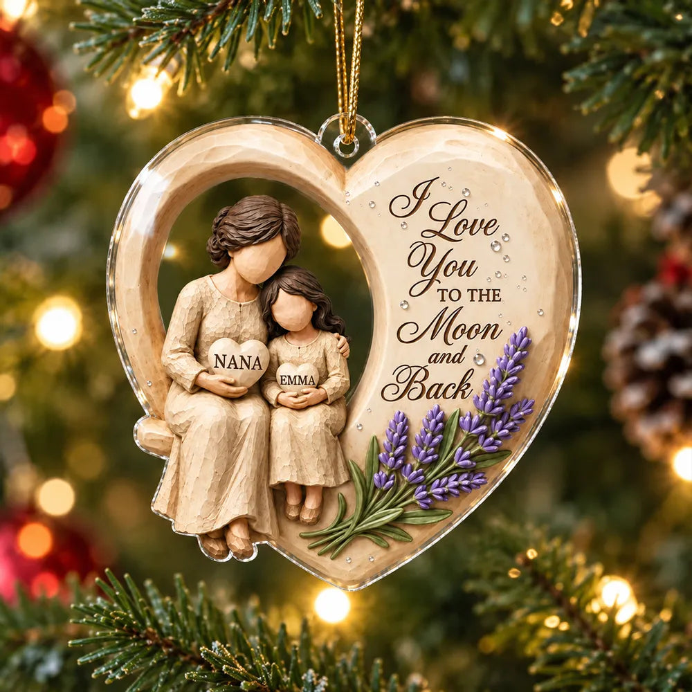 Personalized Acrylic Ornament, Grandma Hugging Granddaughter, Moon and Back Quote, Unique Christmas Gift