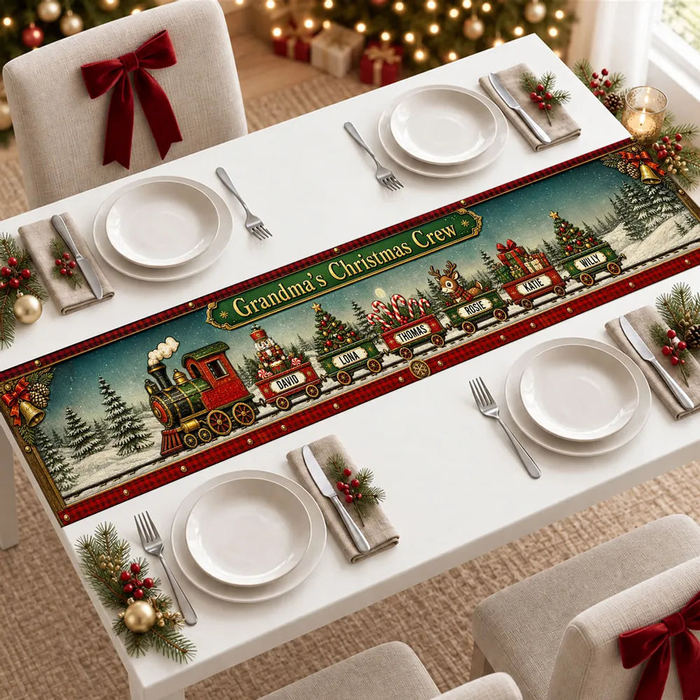Personalized Christmas Train Table Runner, Vintage Red & Green Snowy Scene, Unique Gift for Grandma