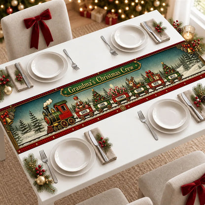 Personalized Christmas Train Table Runner, Vintage Red & Green Snowy Scene, Unique Gift for Grandma
