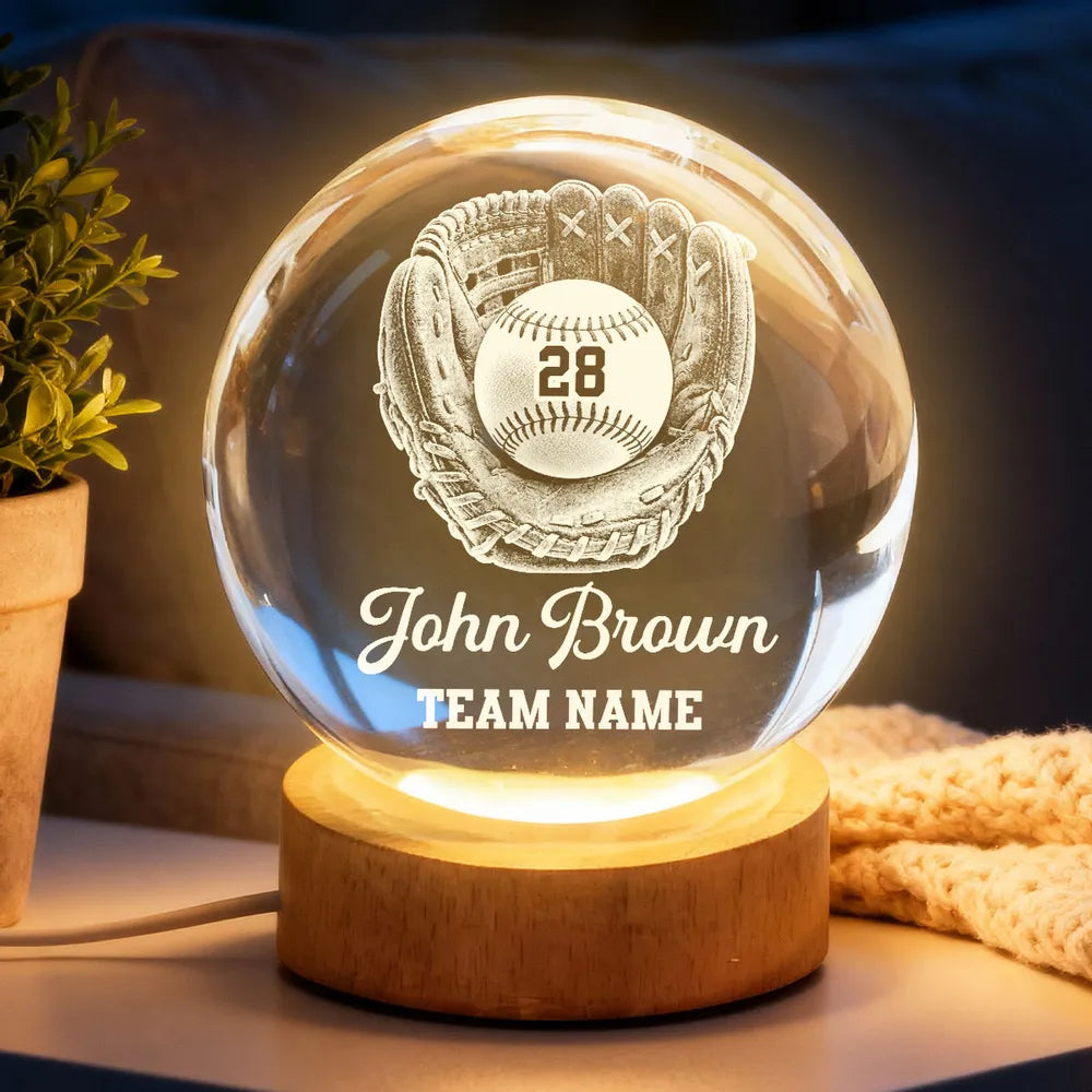 Personalized Baseball Globe Lamp with Glove and Ball, Warm Amber Unique Gift for Players and Fans