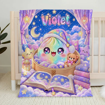 Personalized Dumpling Fleece Blanket, Pastel Moonlit Storybook Scene, Unique Gift for Kids
