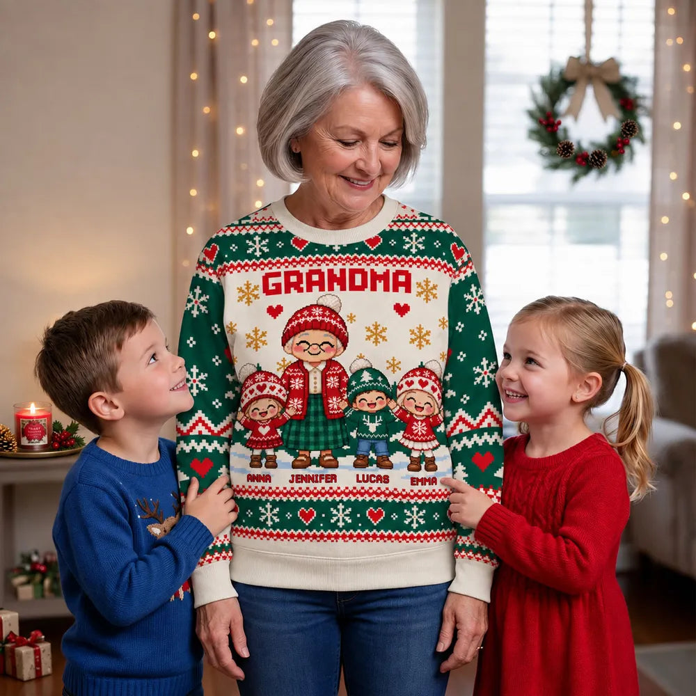 Personalized Printed Sweatshirt, Grandma Holding Hands With Grandkids, Unique Christmas Gift