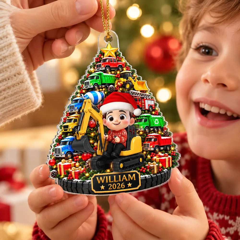Personalized Acrylic Ornament, Construction Truck Christmas Tree with Boy Driver, Unique Holiday Gift for Son