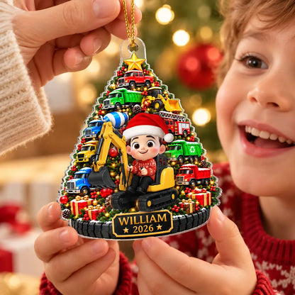 Personalized Acrylic Ornament, Construction Truck Christmas Tree with Boy Driver, Unique Holiday Gift for Son