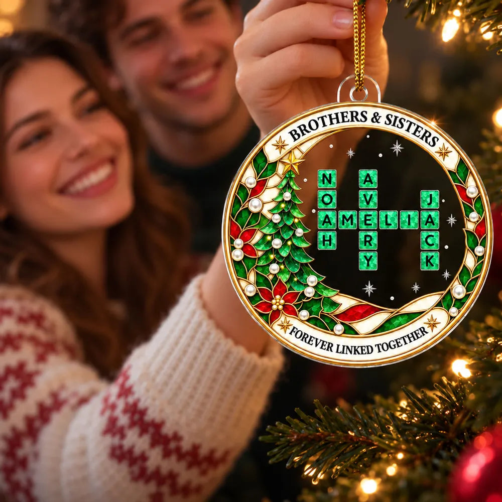 Personalized Acrylic Ornament, Sibling Crossword on a Christmas Tree, Unique Gift for Brothers & Sisters